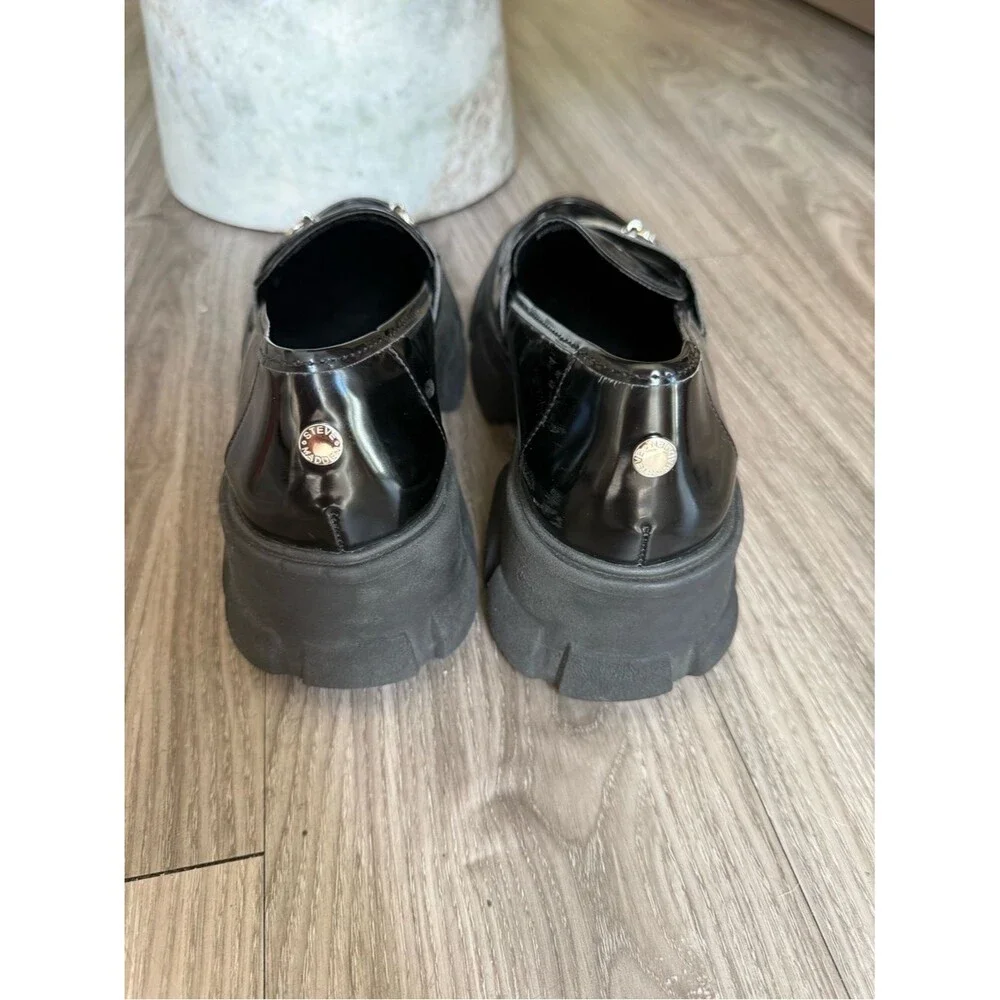 Steve Madden Black Patent Chunky Lug Sole Loafers Horsebit Size 8 preppy